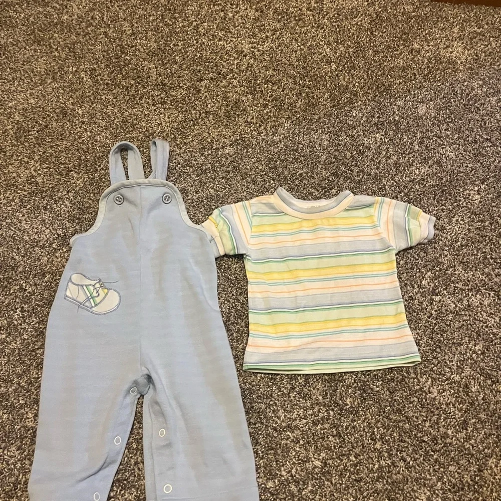 Vintage Health-Tex Overalls Outfit 18 Month Boy Blue Shoe USA Made Striped‎ 90s
